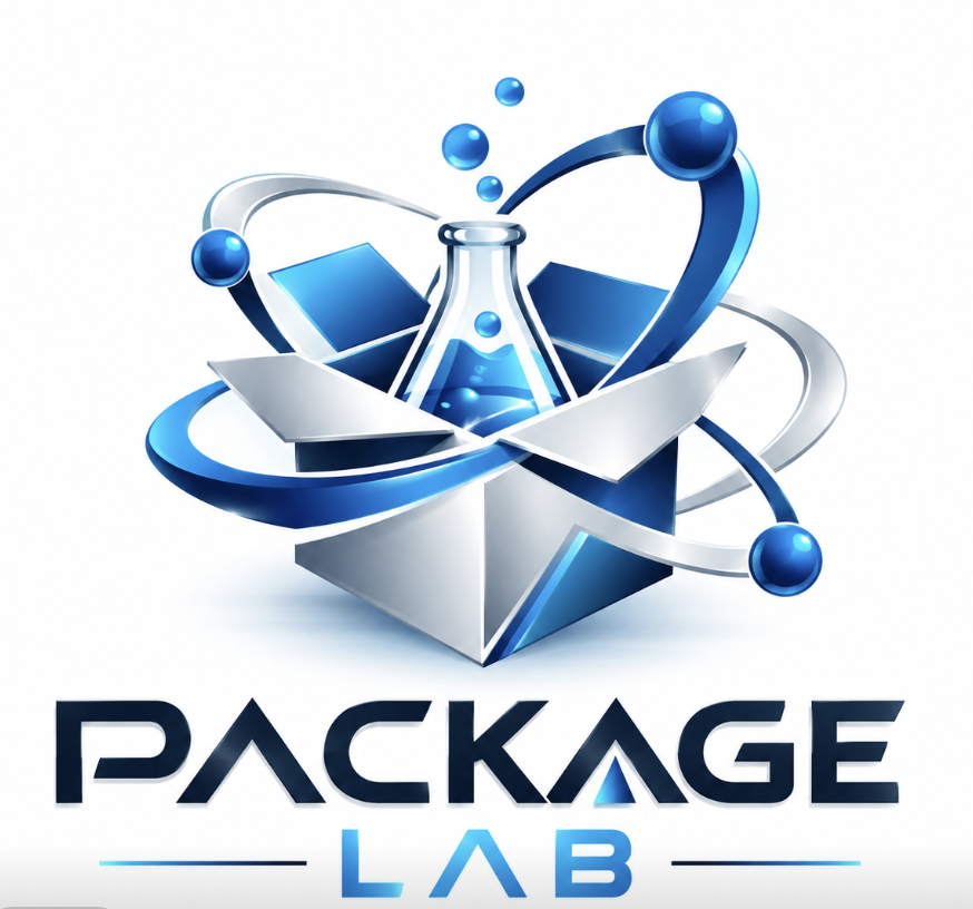 Package Lab logo with premium packaging and laboratory motif
