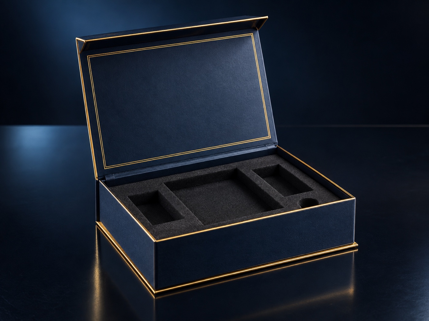 Midnight navy rigid presentation box with gold foil finishing and custom foam insert