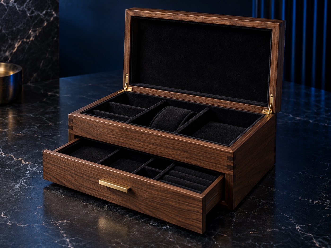 Dark walnut premium wooden presentation box with an open drawer and velvet interior